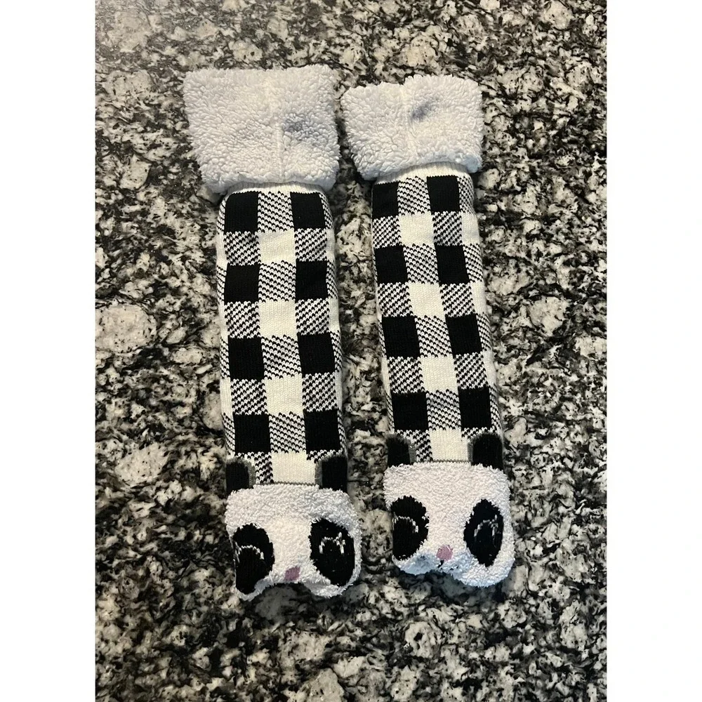 Panda Bear Buffalo Plaid Sherpa Lined Non-Slip Slipper Socks Black White